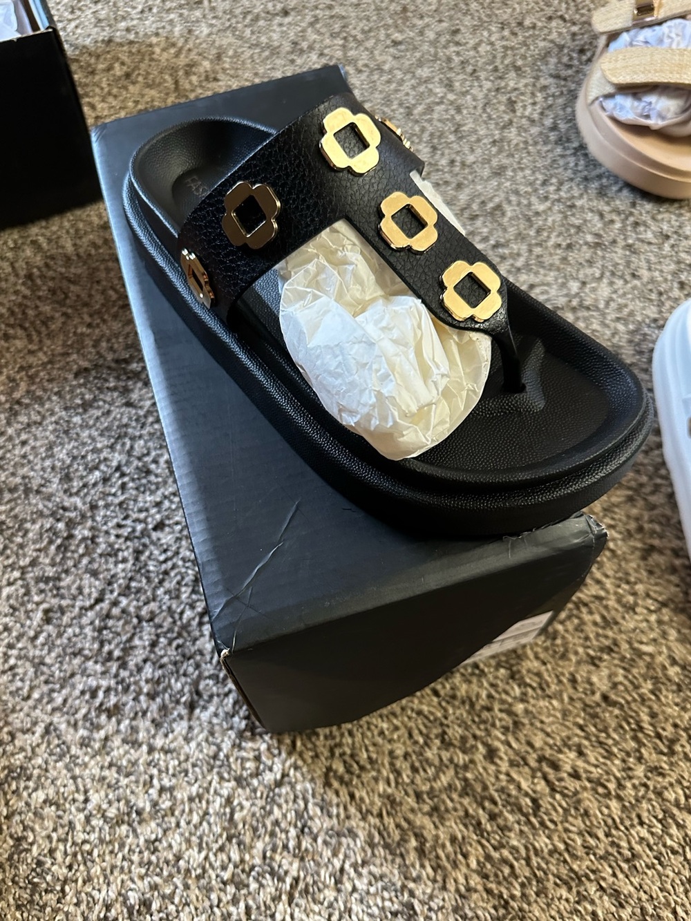 Brand New Fashion novaBlack Slide Sandal with Gold Stud Accents